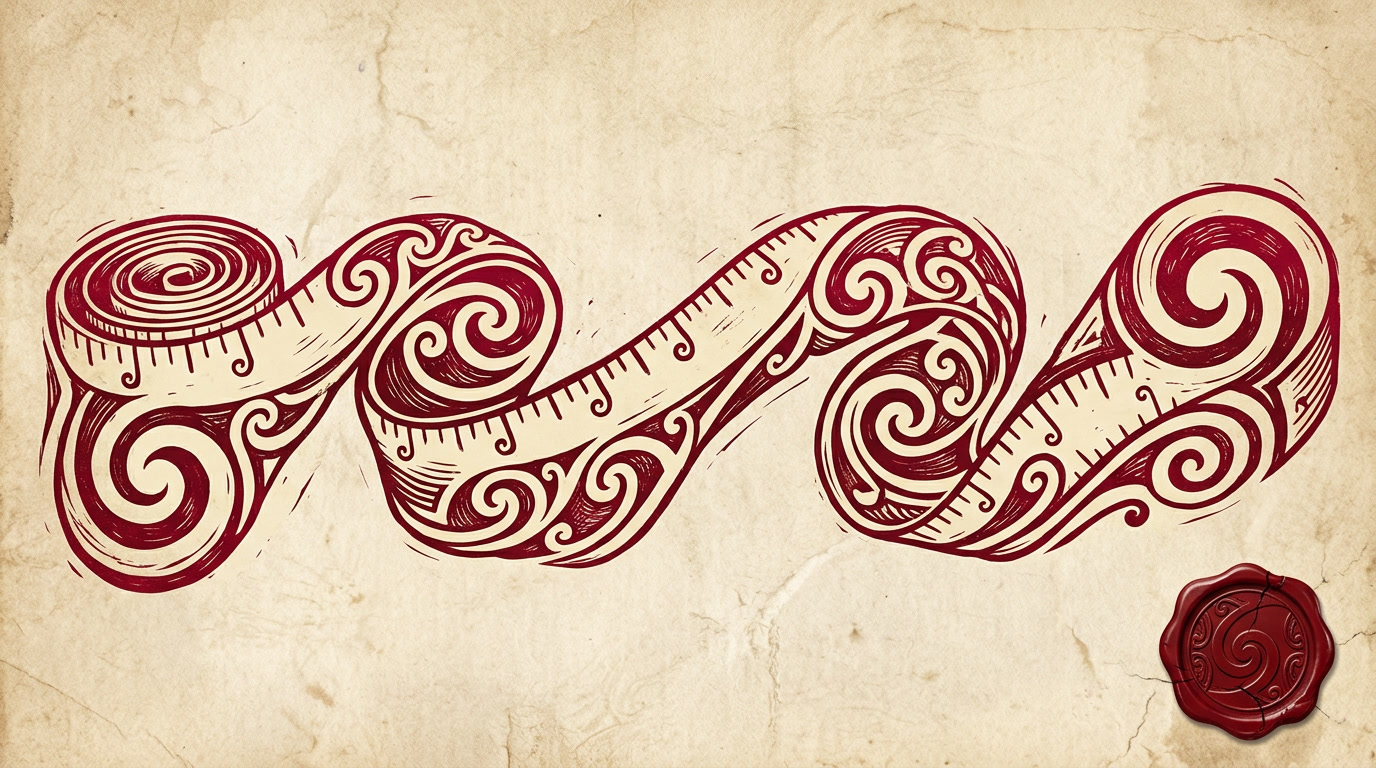 A stylised tape measure with a koru motif, in crimson and parchment colours